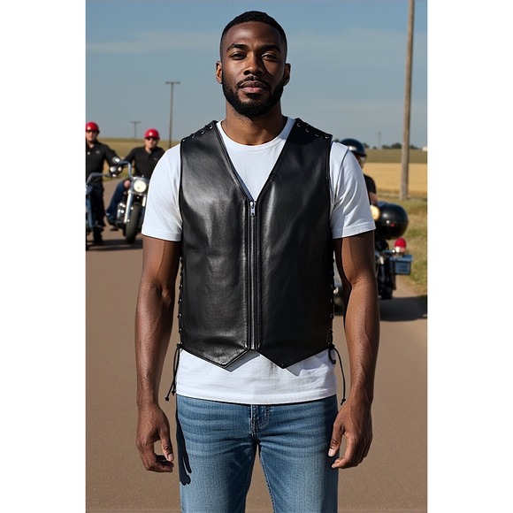 Mens Black Leather Motorcycle Biker Vest Lace Up Sides Zipper Front Size Large